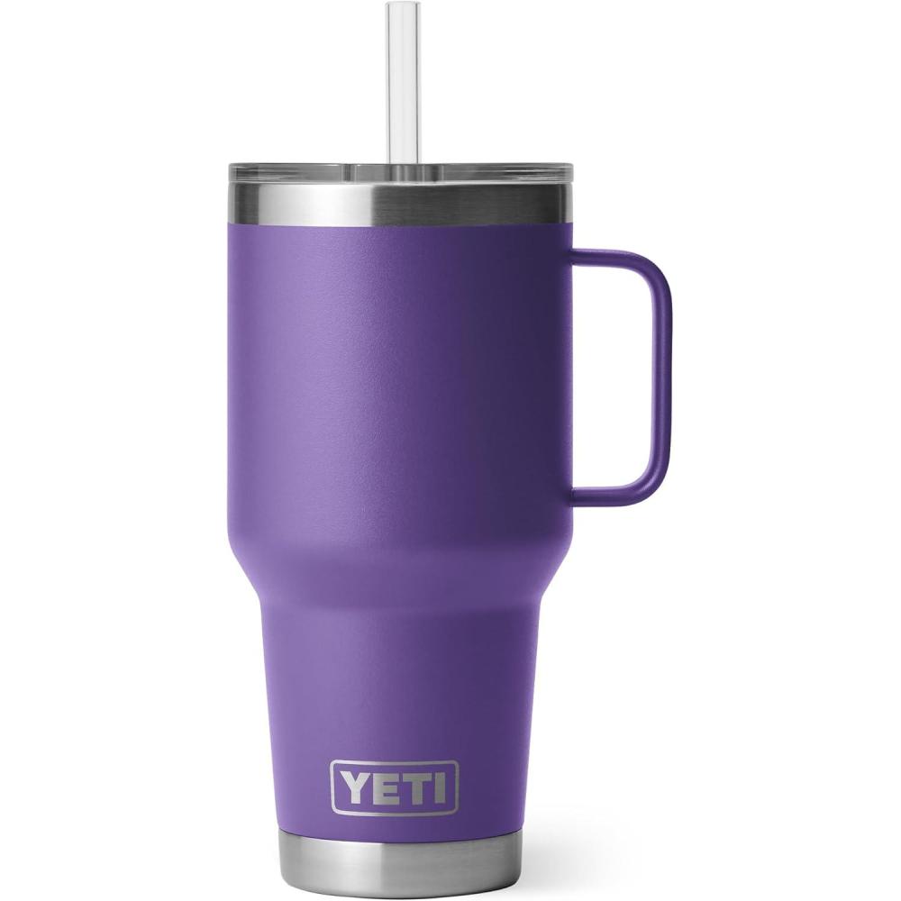 imageYETI Rambler 25 oz Tumbler with Handle and Straw Lid Travel Mug Water Tumbler Vacuum Insulated Cup with Handle Stainless Steel Rescue RedPeak Purple