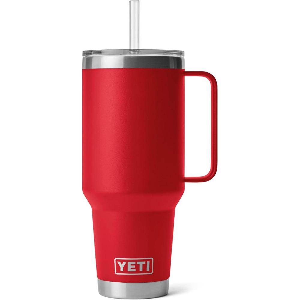 imageYETI Rambler 25 oz Tumbler with Handle and Straw Lid Travel Mug Water Tumbler Vacuum Insulated Cup with Handle Stainless Steel Rescue RedRed
