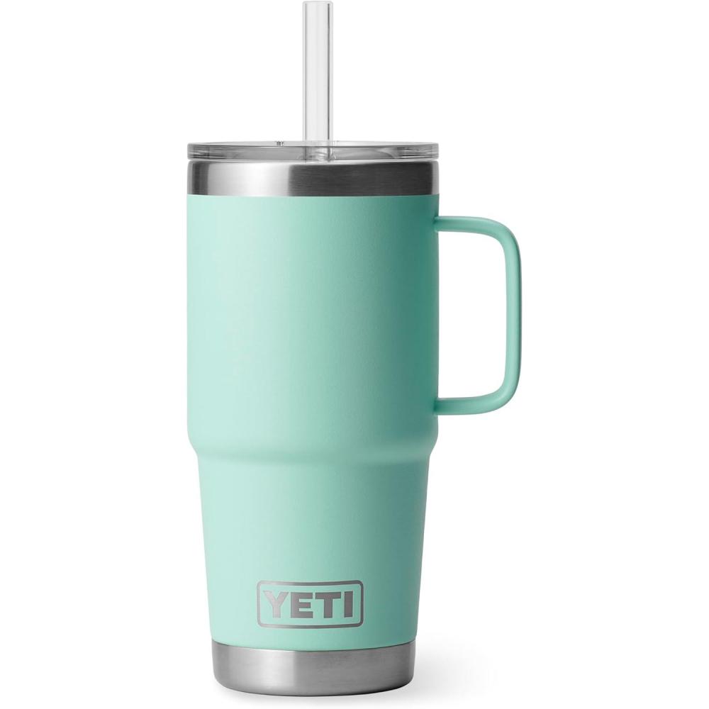 imageYETI Rambler 25 oz Tumbler with Handle and Straw Lid Travel Mug Water Tumbler Vacuum Insulated Cup with Handle Stainless Steel Rescue RedSeafoam