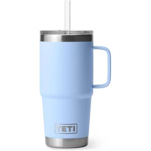 YETI Rambler 25 oz Tumbler with Handle and Straw Lid, Travel Mug Water Tumbler, Vacuum Insulated Cup with Handle, Stainless Steel, Rescue Red(Big Sky Blue)