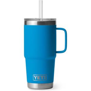 YETI Rambler 25 oz Tumbler with Handle and Straw Lid, Travel Mug Water Tumbler, Vacuum Insulated Cup with Handle, Stainless Steel, Rescue Red(Big Wave Blue)