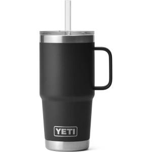YETI Rambler 25 oz Tumbler with Handle and Straw Lid, Travel Mug Water Tumbler, Vacuum Insulated Cup with Handle, Stainless Steel, Rescue Red(Black)