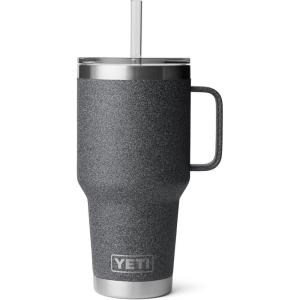 YETI Rambler 25 oz Tumbler with Handle and Straw Lid, Travel Mug Water Tumbler, Vacuum Insulated Cup with Handle, Stainless Steel, Rescue Red(Black Stone-Textured)