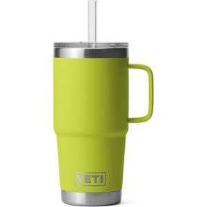YETI Rambler 25 oz Tumbler with Handle and Straw Lid, Travel Mug Water Tumbler, Vacuum Insulated Cup with Handle, Stainless Steel, Rescue Red(Chartreuse)