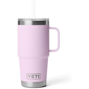 YETI Rambler 25 oz Tumbler with Handle and Straw Lid, Travel Mug Water Tumbler, Vacuum Insulated Cup with Handle, Stainless Steel, Rescue Red(Cherry Blossom – Textured)