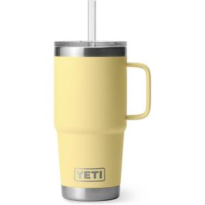 YETI Rambler 25 oz Tumbler with Handle and Straw Lid, Travel Mug Water Tumbler, Vacuum Insulated Cup with Handle, Stainless Steel, Rescue Red(Daybreak Yellow)