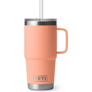YETI Rambler 25 oz Tumbler with Handle and Straw Lid, Travel Mug Water Tumbler, Vacuum Insulated Cup with Handle, Stainless Steel, Rescue Red(Lowcountry Peach)
