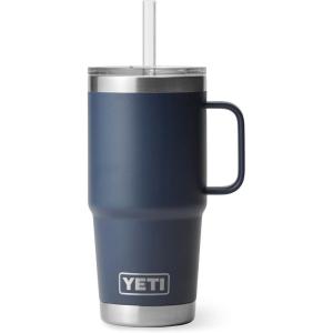YETI Rambler 25 oz Tumbler with Handle and Straw Lid, Travel Mug Water Tumbler, Vacuum Insulated Cup with Handle, Stainless Steel, Rescue Red(Navy)