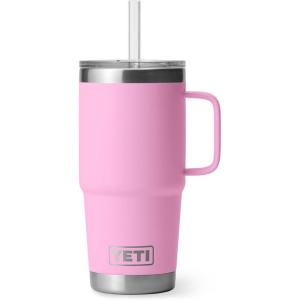 YETI Rambler 25 oz Tumbler with Handle and Straw Lid, Travel Mug Water Tumbler, Vacuum Insulated Cup with Handle, Stainless Steel, Rescue Red(Power Pink)