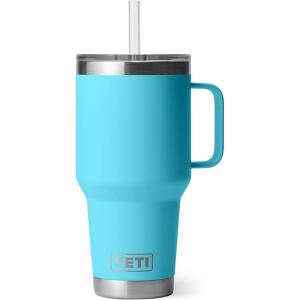 YETI Rambler 25 oz Tumbler with Handle and Straw Lid, Travel Mug Water Tumbler, Vacuum Insulated Cup with Handle, Stainless Steel, Rescue Red(Reef Blue)