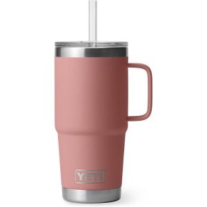 YETI Rambler 25 oz Tumbler with Handle and Straw Lid, Travel Mug Water Tumbler, Vacuum Insulated Cup with Handle, Stainless Steel, Rescue Red(Sandstone Pink)