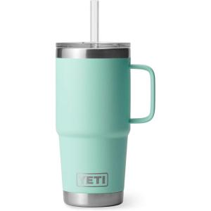 YETI Rambler 25 oz Tumbler with Handle and Straw Lid, Travel Mug Water Tumbler, Vacuum Insulated Cup with Handle, Stainless Steel, Rescue Red(Seafoam)
