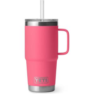 YETI Rambler 25 oz Tumbler with Handle and Straw Lid, Travel Mug Water Tumbler, Vacuum Insulated Cup with Handle, Stainless Steel, Rescue Red(Tropical Pink)